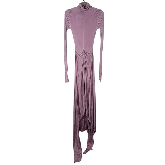 Helsa Slinky Jersey Ruched Sarong Maxi Dress Turtleneck Long Sleeve Purple Sz M - Picture 9 of 13